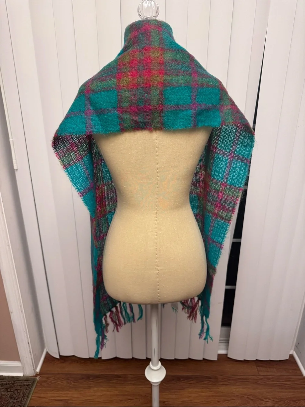 Teal and Magenta Plaid Fringe Scarf Wrap